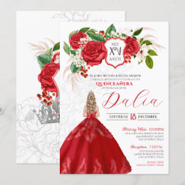 Convite Bold Elegance Rosas vermelhas Floral Crest Quincea