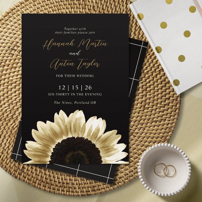 Convite Bold & Elegant Black Gold Sunflower Invitation (Criador carregado)