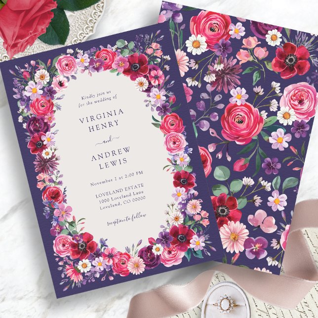 Convite Bold Floral Wedding (Navy Blue Bold Watercolor Floral Wedding Invitation by Painted Paperie
)