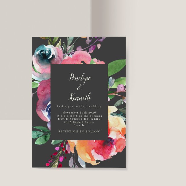 Convite Bold Gray Watercolor Floral Elegant Script Wedding (Criador carregado)