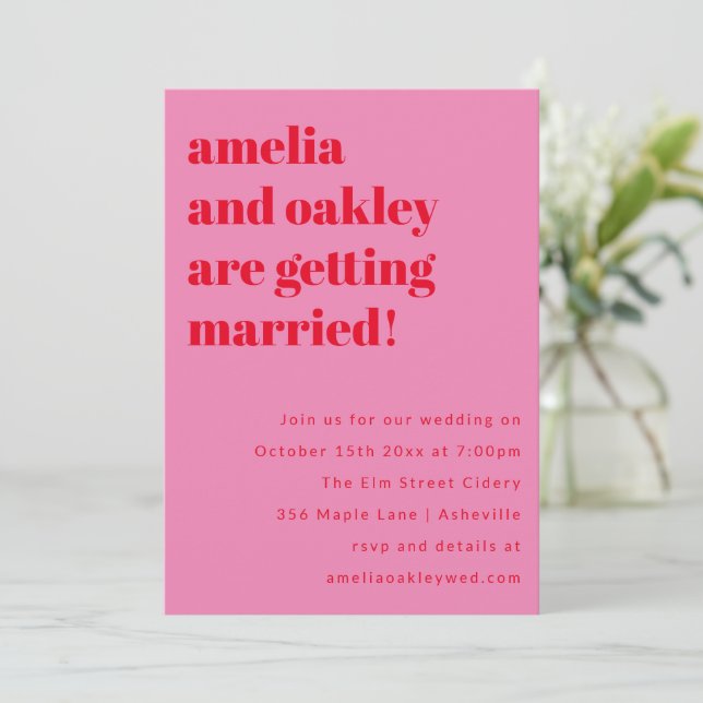 Convite Bold Minimalist Pink Red Retro Wedding Website (Em pé/Frente)