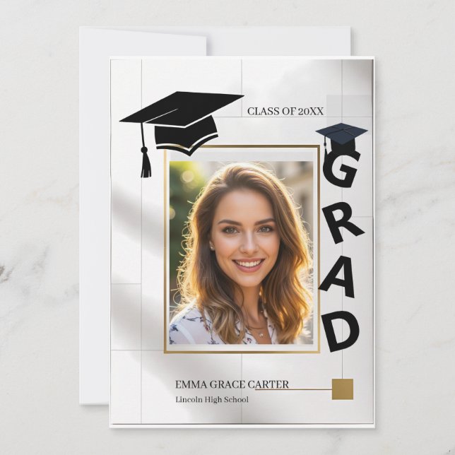 Convite Bold Modern GRAD Typography Gold Photo Graduation (Frente)