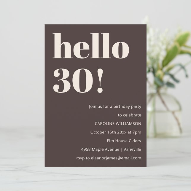 Convite Bold Modern Simple Brown 30th Birthday Party (Em pé/Frente)