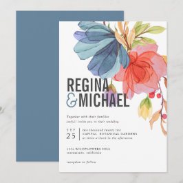 Convite Bold Modern Watercolor Azul, casamento com flores 