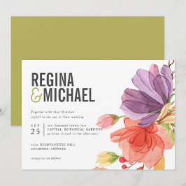Convite Bold Modern Watercolor Casamento verde de flores s