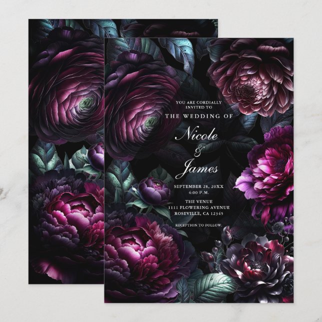 Convite Bold Moody Flowers Negra Encantada Casamento Flora (Frente/Verso)