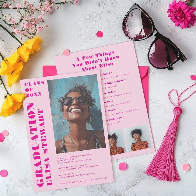 Convite Bold Neon Retro Pink Modern 4 Fotos Graduação (Bold Neon Retro Pink Modern 4 photos Graduation Invitation)