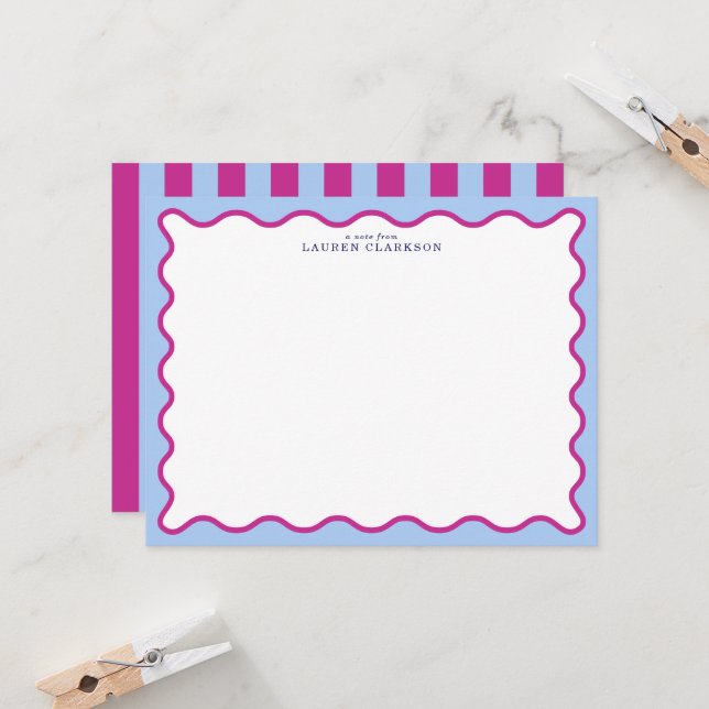 Convite Bold Pink & Blue Striped Wavy Frame Note Card (Frente/Verso In Situ)