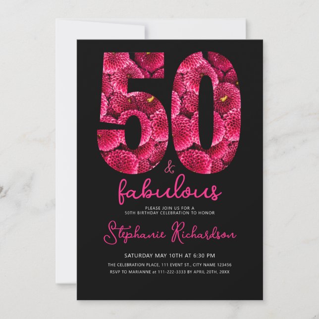 Convite Bold Pink Floral 50 and Fabulous Birthday Party (Frente)