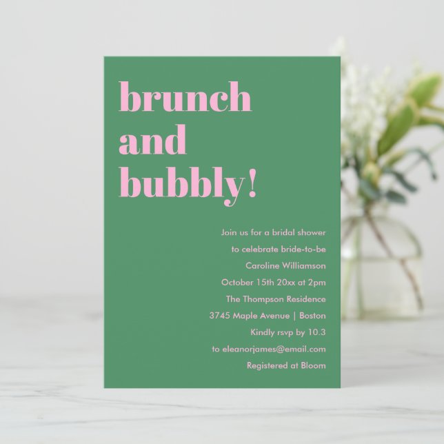 Convite Bold Pink Green Modern Brunch Bubbly Bridal Shower (Em pé/Frente)