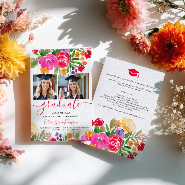 Convite Bold Pink Orange Boho Floral 2-Photo Graduation (Bold Pink Orange Boho Floral 2-Photo Graduation Invitation)