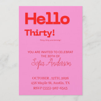 Convite Bold Pink Red 30th Birthday Invite