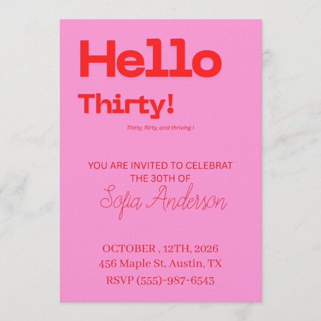 Convite Bold Pink Red 30th Birthday Invite (Frente)