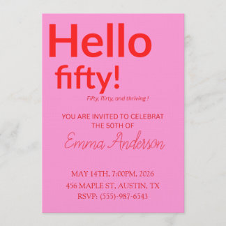 Convite Bold Pink Red 50th Birthday Invite