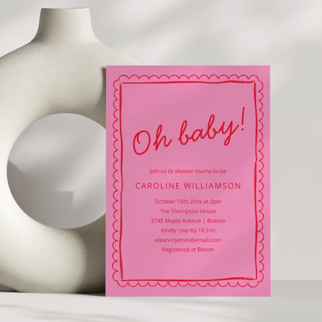Convite Bold Pink Red Modern Whimsical Border Baby Shower (Criador carregado)