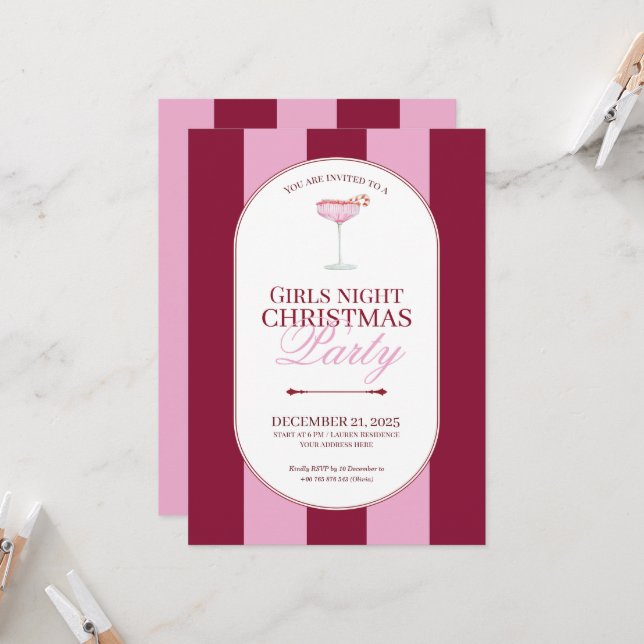 Convite Bold pink red stripe Girls Christmas Invitation (Frente/Verso In Situ)