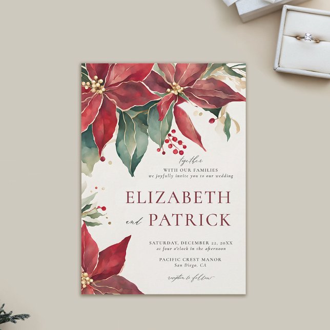 Convite Bold Poinsettia Casamento no inverno de Natal Eleg (winter wedding invitation modern christmas watercolor poinsettia elegant rustic bohemian)
