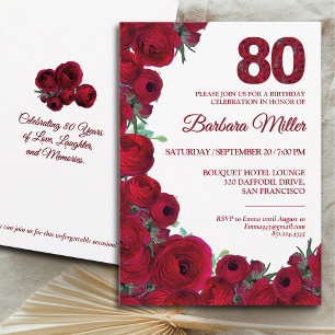 Convite Bold Red Floral 80 Birthday