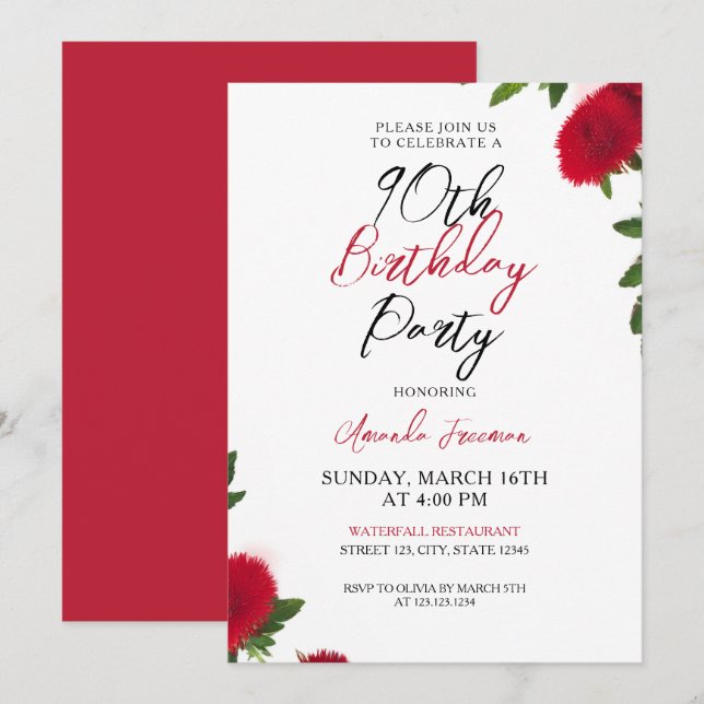 Convite Bold Red Flowers Feminina 90 Aniversário (Frente/Verso)