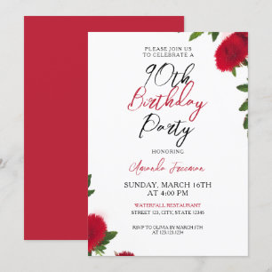 Convite Bold Red Flowers Feminina 90 Aniversário