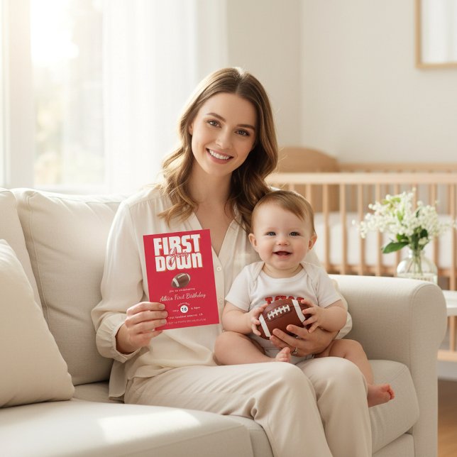 Convite Bold Red Football First Birthday Party Invite (Criador carregado)