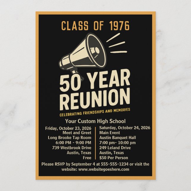 Convite Bold Retro Megaphone 50 Year High School Reunion (Frente)