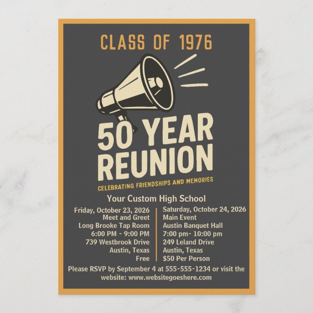 Convite Bold Retro Megaphone 50 Year High School Reunion (Frente)