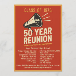 Convite Bold Retro Megaphone 50 Year High School Reunion