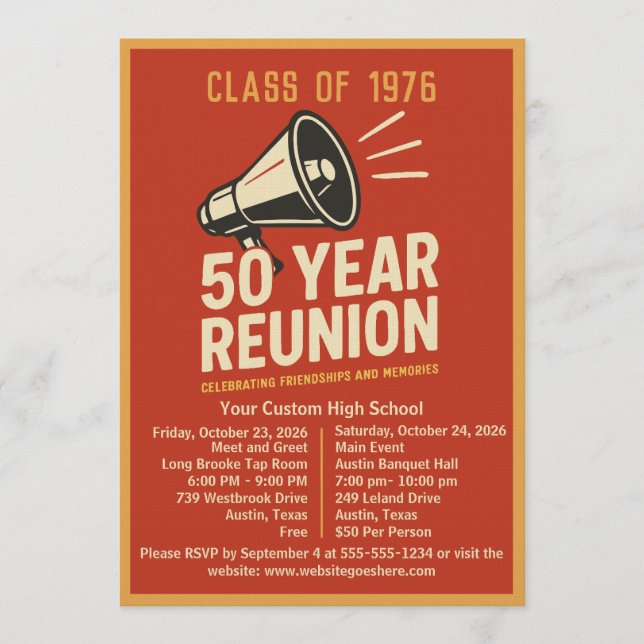 Convite Bold Retro Megaphone 50 Year High School Reunion (Frente)
