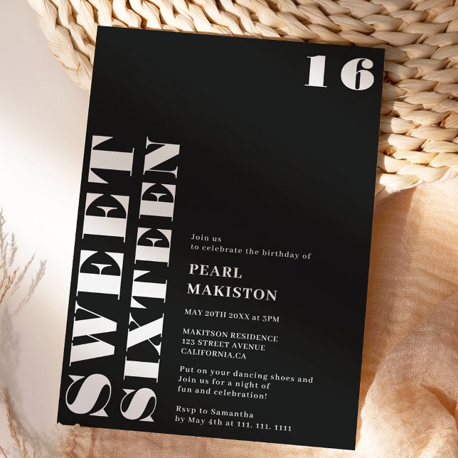 Convite Bold, simples, branco, doce, 16 anos (Bold simple white black sweet 16 birthday invitation)