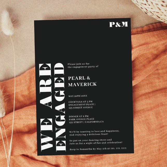 Convite Bold, simples festa de noivado de casamento branco (Bold simple white black wedding engagement party invitation)