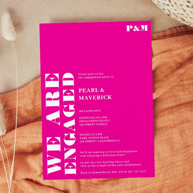 Convite Bold simples festa de noivado de casamento rosa (Bold simple neon pink wedding engagement party invitation)