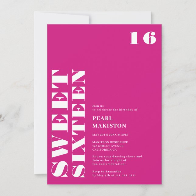 Convite Bold, simples neon, rosa, doce, 16 anos (Frente)