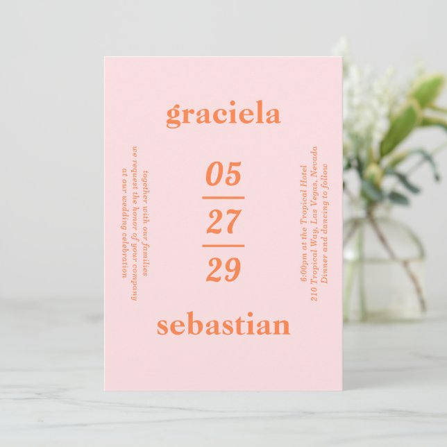 Convite Bold Typografia Rainbow Sherbet Casamento Moderno (Em pé/Frente)