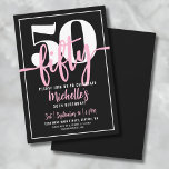 Convite Bold Typografia Rosa 50º Aniversário Moderno<br><div class="desc">Introduzindo um simples e moderno convite de aniversário 50º, perfeito para celebrar esse marco no estilo. O elegante design apresenta um fundo preto em negrito com um "50" proeminente no topo. Abaixo, "50" é elegantemente escrito em caligrafia de script, acrescentando um toque de sofisticação. O texto em todo o convite...</div>
