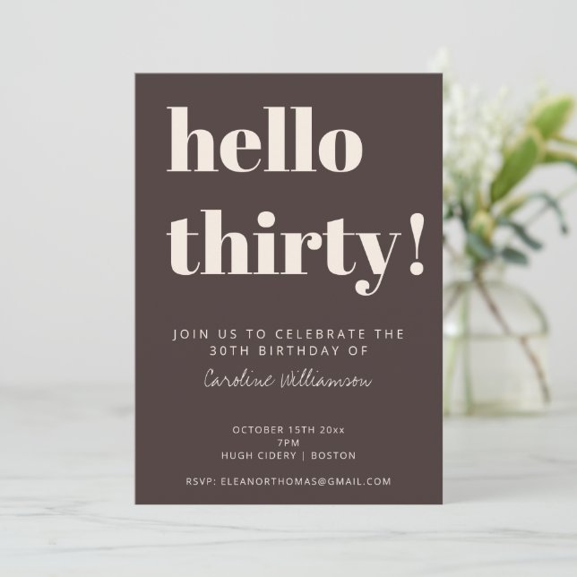 Convite Bold Typography Brown Modern 30th Birthday Party (Em pé/Frente)