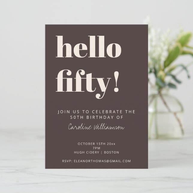 Convite Bold Typography Brown Modern 50th Birthday Party (Em pé/Frente)