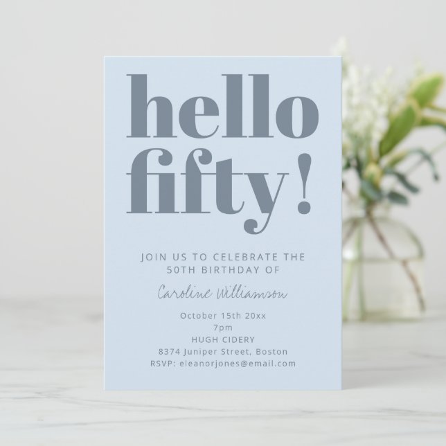 Convite Bold Typography Icy Blue Modern 50th Birthday (Em pé/Frente)