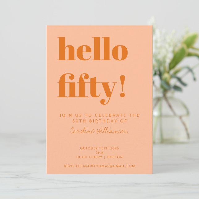Convite Bold Typography Peach Orange Modern 50th Birthday (Em pé/Frente)