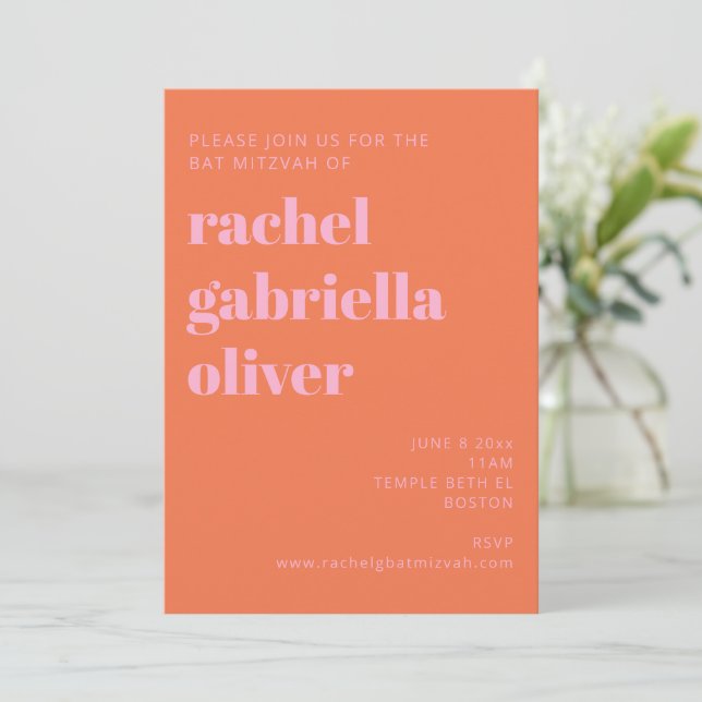 Convite Bold Typography Pink and Orange Modern Bat Mitzvah (Em pé/Frente)