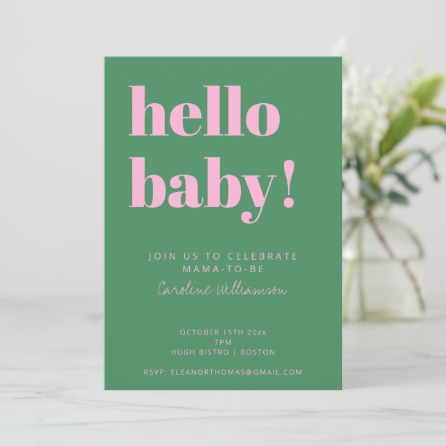Convite Bold Typography Pink Green Modern Baby Shower (Em pé/Frente)