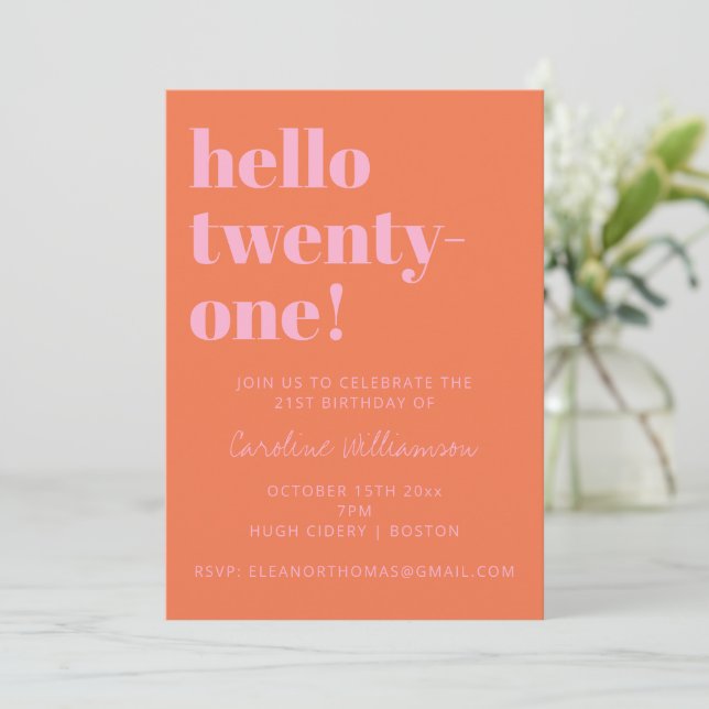Convite Bold Typography Pink Orange Modern 21st Birthday (Em pé/Frente)
