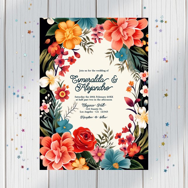 Convite Bold Vibrant Floral Fiesta Casamento Foto e Código (Bold Vibrant Floral Fiesta Wedding Photo & QR Code Invitation)