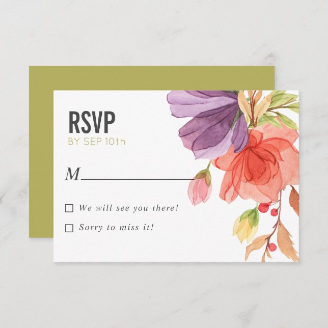 Convite Bold Watercolor Flores Selvagens Casamento Verde R (Frente/Verso)