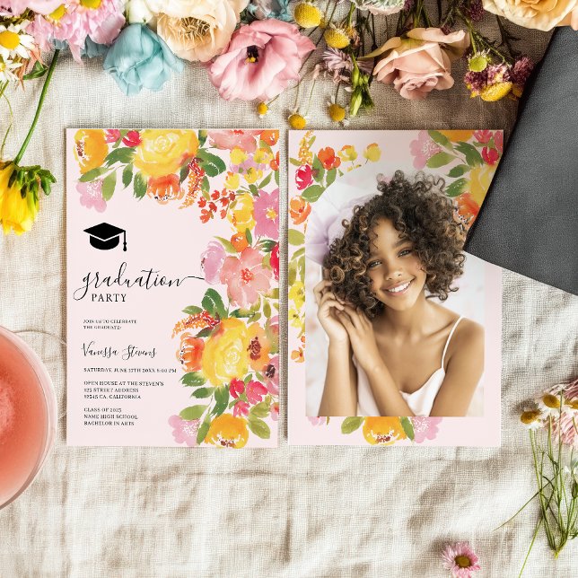 Convite Bold Wildflower Floral Watercolor Photo Graduation (Bold Wildflower Floral Watercolor Photo Graduation Invitation)