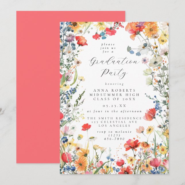 Convite Bold Wildflower Graduation Party (Frente/Verso)