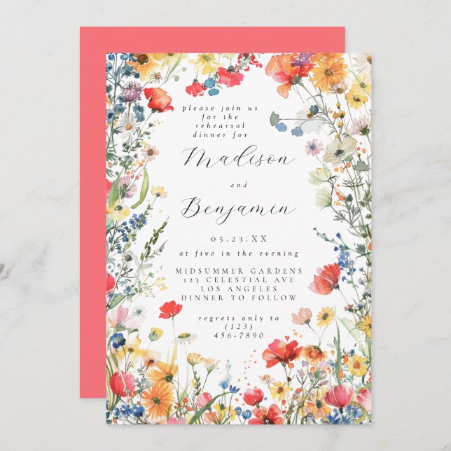 Convite Bold Wildflower Wedding Rehearsal Dinner (Frente/Verso)