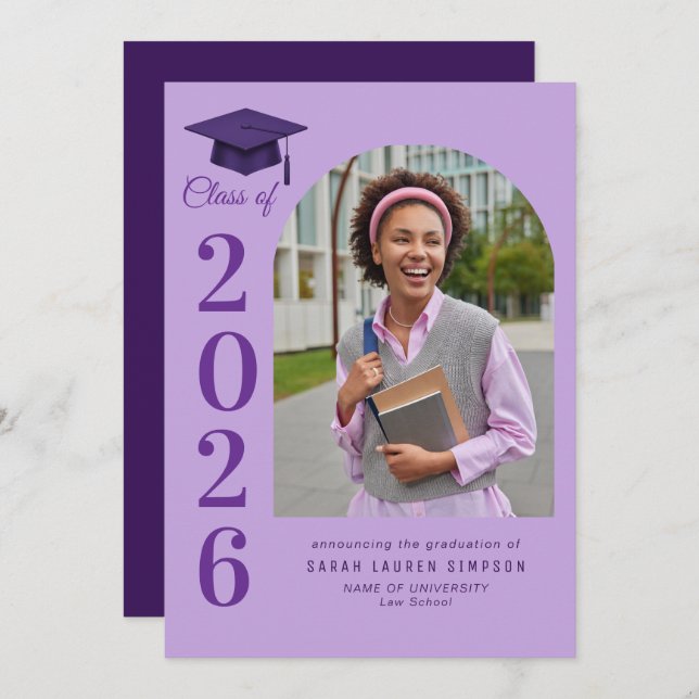 Convite Bold year purple graduation photo announcement (Frente/Verso)