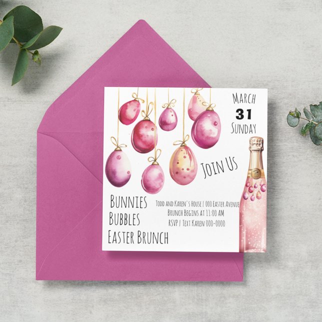 Convite Bolhas, Bunnies e Brunch de Páscoa (Customizable Easter Brunch invitation with pink and yellow Easter eggs and bubbly. )