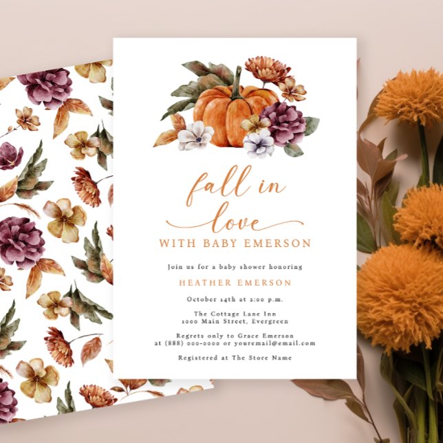 Convite Bolhas de Abóbora Laranja Queimada Chamas de Bebê (Fall In Love With Baby Burnt Orange Baby Shower Invitation Watercolor Floral Pumpkins )
